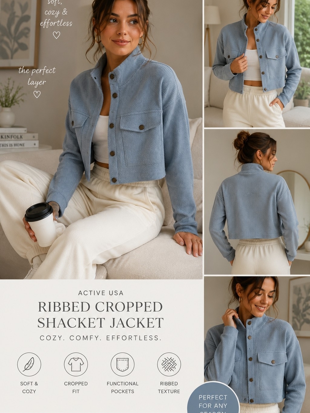 ✨ NWT Active USA Blue Ribbed Cropped Shacket Jacket Snap Front